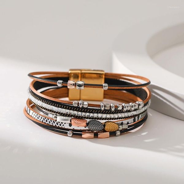 Bracelets de charme moda boho tecer couro para homens homens de verão Multi-camada de folhas de folhas de pulseira de pulseira jóias de presente