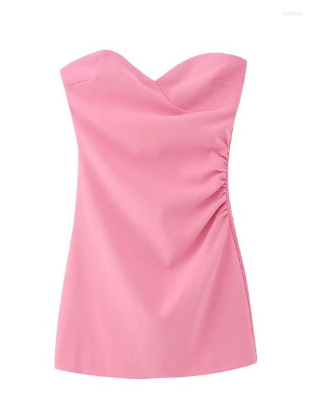 Vestidos casuais moda feminina rosa plissado nas costas com zíper sem costas mini vestido vintage sem alças feminino chique