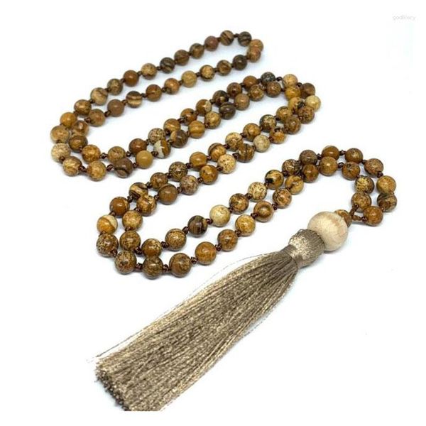 Ketten Natürliche 6mm Bild J-asper Mala Heilung Halskette Hand Geknüpft 108 Quaste Halsketten Japa Yoga Schmuck Geschenk