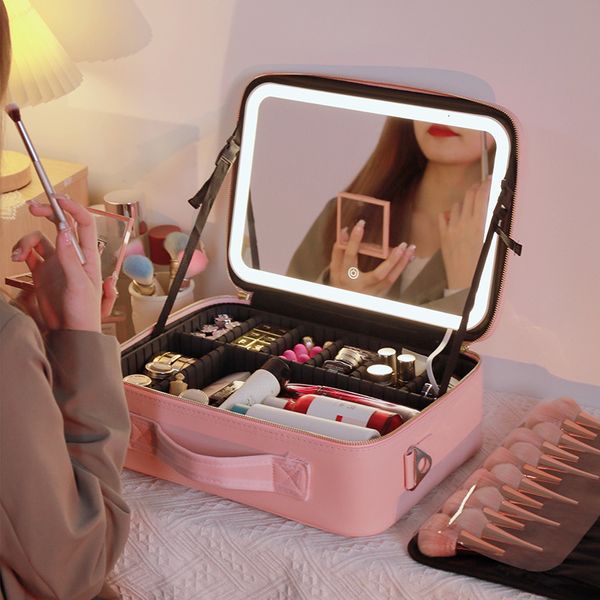 Bolsas de cosméticos Estojos Bolsa de maquiagem LED inteligente com luzes espelhadas Estojo cosmético profissional de grande capacidade para mulheres Organizadores de viagens Kit de armazenamento de beleza 230717