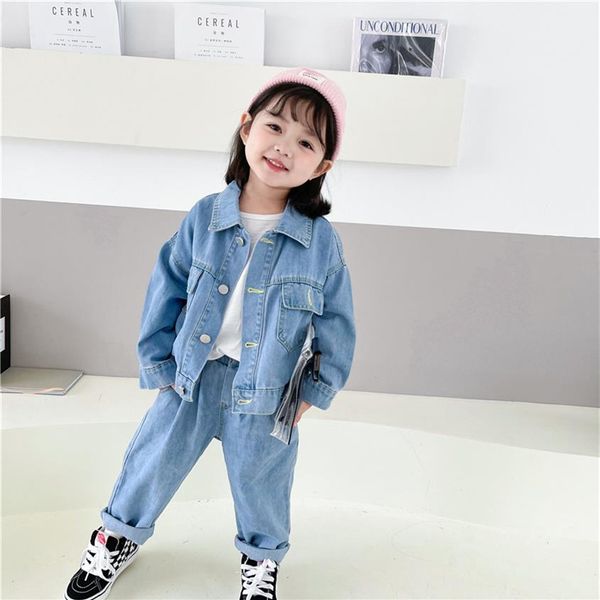 2021 Nova primavera bebê menina conjuntos de 2 peças manga comprida jeans jaqueta jeans estilo casual roupas infantis e6058242i