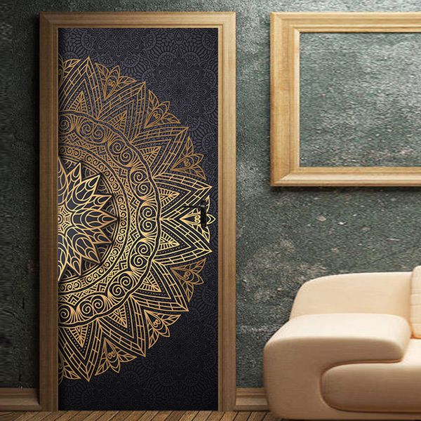 Adesivos de parede Bohemian Mandala Pattern Porta Adesivo Mural Dourado Yoga Sala de Estar Quarto Casa Interior Arte Poster Decalque Decoração Papel de Parede 230717