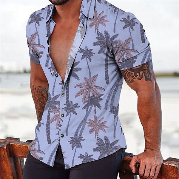 Tute da uomo Camicia Estate Hawaiian Coconut Tree Stampe grafiche Turndown Daily Holiday Maniche corte ButtonDown Print Abbigliamento 230717