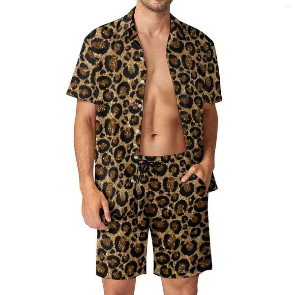 Tute da uomo Bright Leopard Print Fitness Outdoor Men Sets Trendy Animal Casual Shirt Set Pantaloncini estivi 2 pezzi Streetwear Suit Large