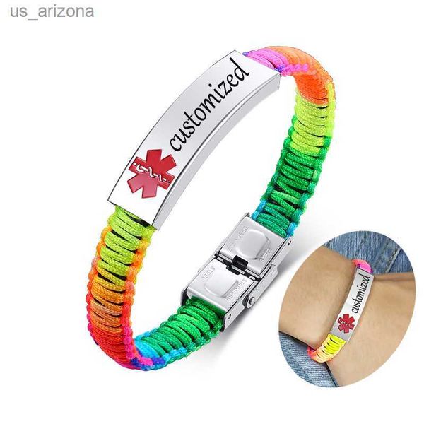 Pulseira de identificação de alerta médico com gravação personalizada, mulheres, homens, nylon, trançada, pulseiras de consciência, arco-íris, preto, opcional, L230620