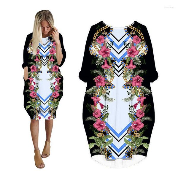 Casual Kleider für Frauen 2023 Kette Gedruckt Floral Streetwear Mode Lange Hülse Frau Kleidung Plus Größe Kleidung Vintage Midi Kleid