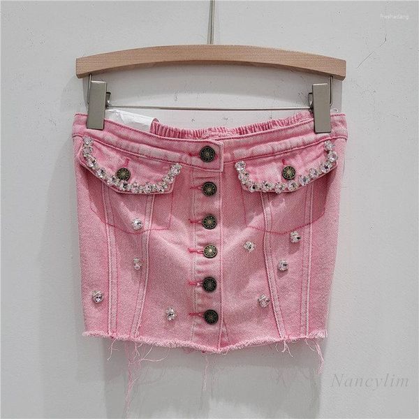 Canotte da donna Canotta di jeans rosa Donna Industria pesante Strass Giovane monopetto Pieghettato Y2K Top Corto Spalle scoperte Avvolto