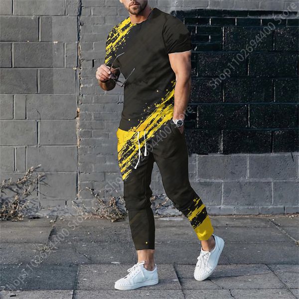 Mens Trailtsits Pantolon Trailsuit 2 Parça Moda Renkli Baskı Yaz Kısa Kollu Tshirtpants Street Unisex Giyim 230718