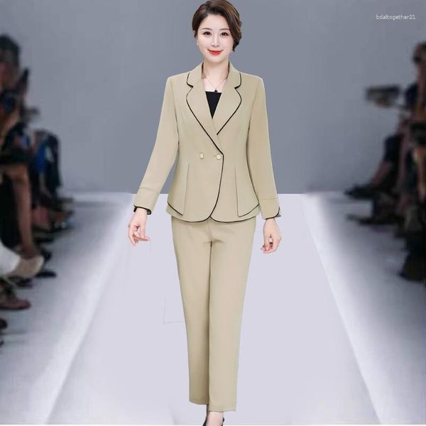 Calças femininas de duas peças manga comprida senhora temperamento fino leque perna larga xadrez profissional terno feminino blazer conjuntos de jaqueta