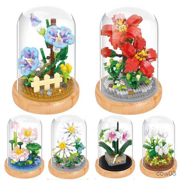 Blocos mini bloco de construção flores diy jasmim algodão planta em vaso buquê enfeites para casa modelo montado bloco de flores brinquedo para crianças presente r230718