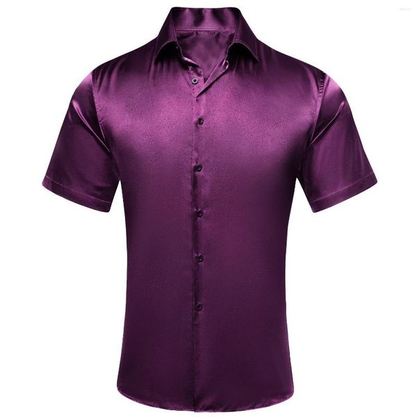 Camisas casuais masculinas Roxo Vermelho Mangas Curtas Jacquard Floral Paisley Seda Primavera Verão Camisa Blusa Para Negócios Masculinos Casamento Moda