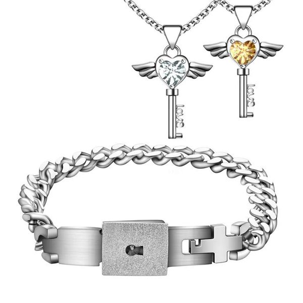 Set di gioielli per amanti del titanio Bracciale con serratura concentrica Chiave d'amore Collana con pendenti di strass Collana di fidanzamento di nozze Coppie Regali di San Valentino