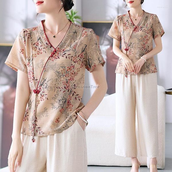 Ethnische Kleidung 2023 Sommer chinesischer Stil Frauen Kurzarm Mode V-Ausschnitt Hemd Blumendruck Elegant Retro Tang-Anzug Top S365