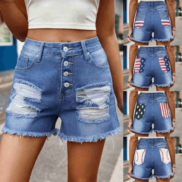 2023 verão novo shorts jeans femininos rasgados moda shorts com estampa de bandeira americana jeans roupas femininas casuais S2XL L230621