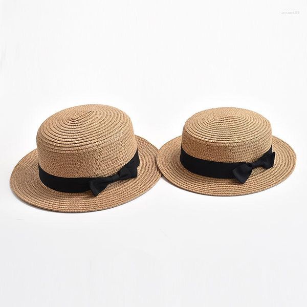 Cappelli a tesa larga 2 pezzi Cappello da sole in paglia genitore-figlio Moda piatto Brom Bowknot Bambini carini Ragazze Estate Casual Spiaggia Viaggi per le donne