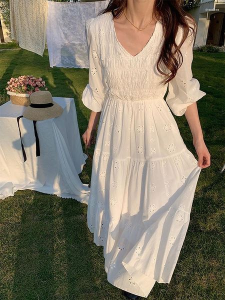 Abiti casual 2023 Summer Chiffon White Woman Midi Dress Office Lady Sweet Elegant Party Beach Women Sundress Moda coreana