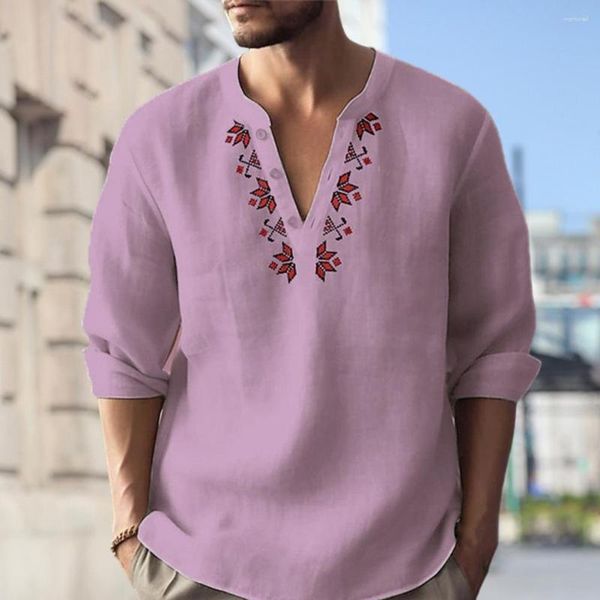 Magliette da uomo Camicia da uomo Stampa geometrica Bottoni Scollo Top Scollo a V Manica lunga Vestibilità ampia Pullover sottile Abbigliamento da lavoro