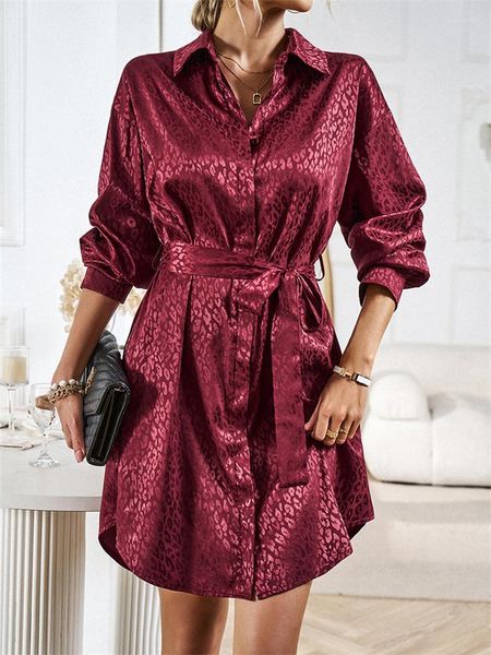 Vestidos casuais camisa com estampa de leopardo vestido feminino 2023 outono manga comprida gola dobrável mini blusa feminina elegante com cadarço