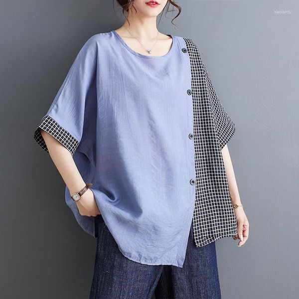 T-shirt da donna 2023 arrivo patchwork plaid sottile morbido cotone lino irregolare estate top moda donna casual t-shirt maglietta