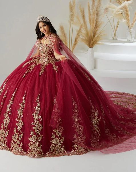 Burgundy Gold возлюбленная платья Quinceanera с длинной пластиной Applique Applique.