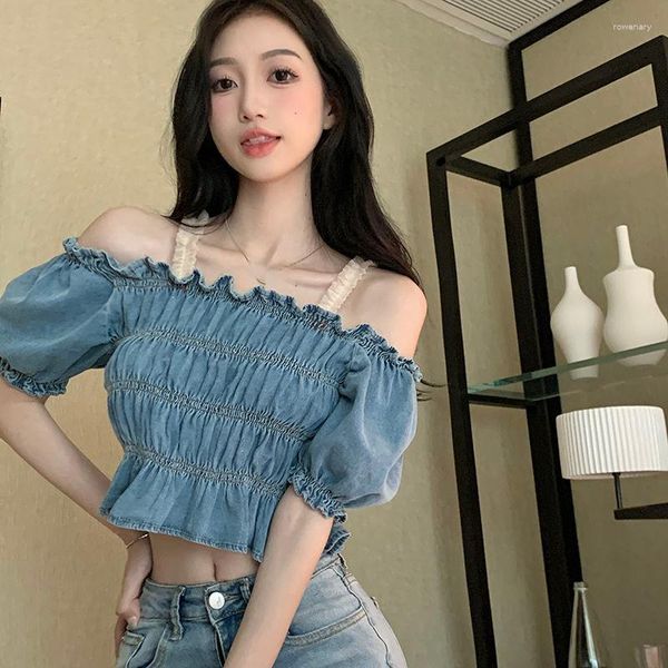 Kadınlar için Blouses Gömlek Kadınlar Seksi Omuz Kapalı Üst Tanklar Camis Tees Tees Tığlar İnce Denim Gömlek Blusas Mujer De Moda