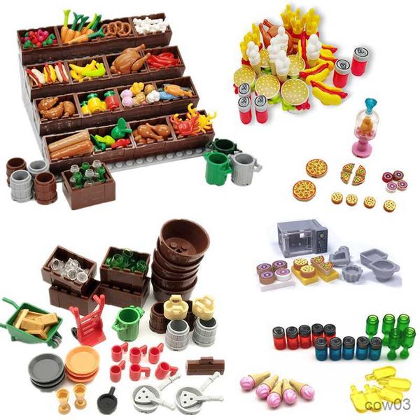 Blocchi Cibo Città Accessori Amici Blocchi da costruzione Set Bevande Frutta Verdura Pane Bottiglia Parti Mattoni Giocattoli per bambini in miniatura R230718