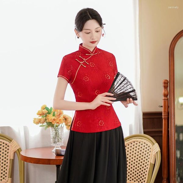 Ethnische Kleidung Frühling Sommer Frauen Tang-Anzug Tops Chinesische Traditionelle Retro Mandarin Kragen Hemd Sexy Dünne Kurzarm Spitze Bluse 3XL