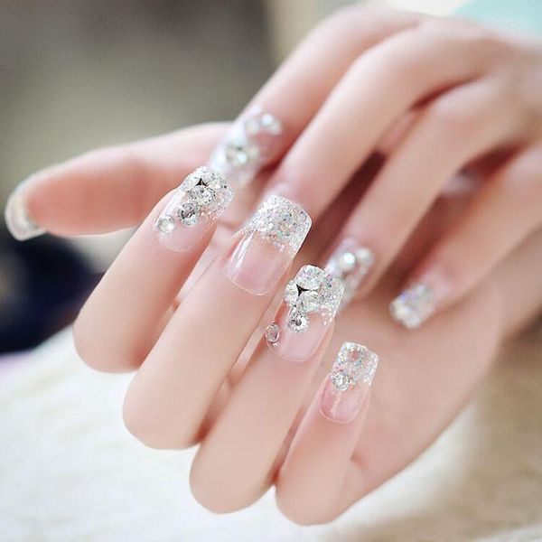 Unhas postiças 24 pçs/conjunto bonito strass quadrado prata glitter noiva casamento arte de unha artificial cobertura completa dicas pressione sobre