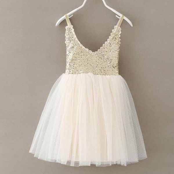 Cute Girls Silver Paillettes Tutu Dress Bambini Scollo a V Beige Glitter Bling Cinghie Abito in chiffon Bambini Abiti da festa di nozze 1-7Y