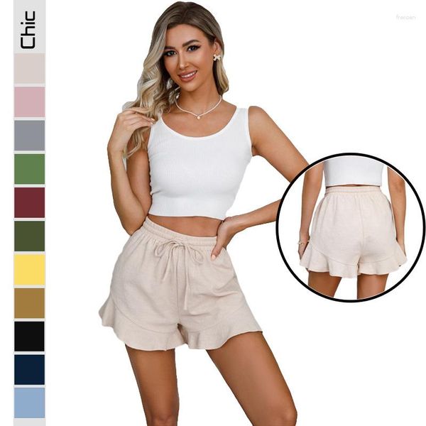 Shorts feminino de linho de algodão verão elástico cintura alta cordão casual sólido solto calças curtas de perna larga