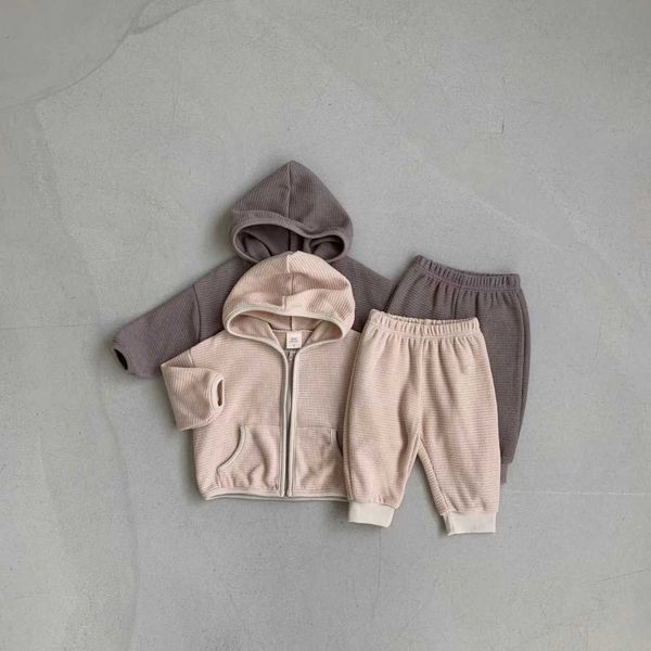 Conjuntos de roupas crianças meninos primavera outono roupas conjunto waffle cintura elástica jogger calças terno com capuz zíper solto casaco de algodão roupa do bebê