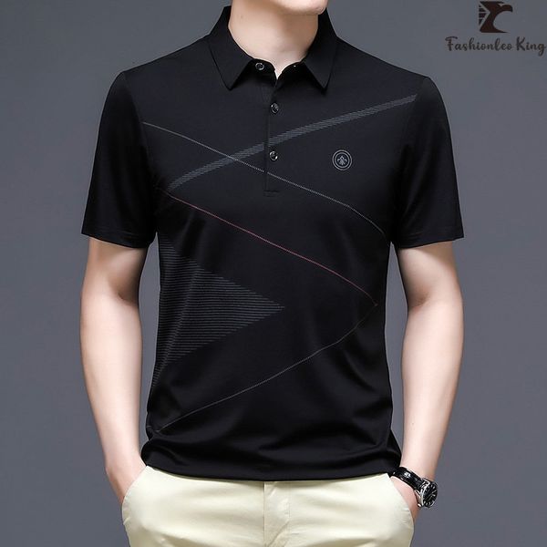 Herren Polos Poloshirt Bedrucktes Kurzarm-T-Shirt Sommer Dünn Schwarz Business Casual Eisseide T-Shirt 230717