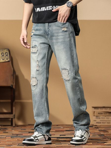 Jeans da uomo 2023 Pantaloni di jeans dritti strappati estivi Pantaloni di jeans lunghi larghi casuali in cotone traspirante di grandi dimensioni 230718