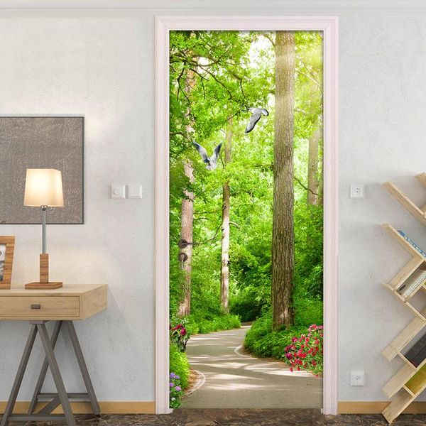 Papéis de parede floresta bosques luz do sol pequena estrada criativa diy adesivo de porta papel de parede autoadesivo de pvc para sala de estar quarto mural