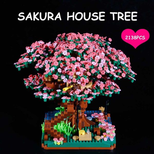 Bloklar 2138pcs Sakura House Tree Yapı Blokları Cheer Flower City Street View Serisi Montaj Tuğlalar Dekorasyon Hediyesi Kız R230718