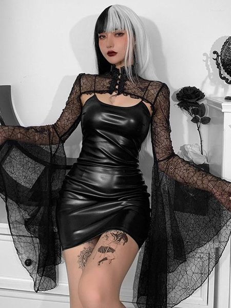 Casual Dresses Gothic Punk Balck Kunstleder 2 Stück Kleid Vintage Flare Sleeve Crop Tops Frauen Sexy Rückenfrei, figurbetont Nachtclub