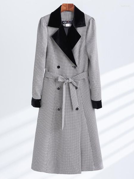 Ternos femininos de alta qualidade outono inverno feminino blazer longo preto xadrez jaqueta feminina casual casaco com cinto