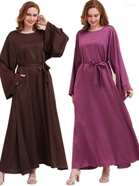 Abbigliamento etnico Satin Abaya Dubai Turchia Abito lungo musulmano mediorientale da donna Ramadan Robe Africaine Femmes Maxi abiti casual modesti