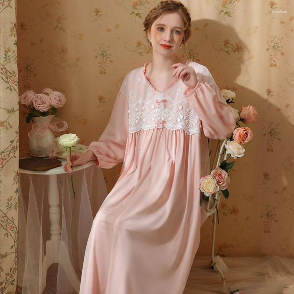 Roupa de Dormir Feminina Bordado Algodão Vestido de Noite Feminino de Renda Doce Robe Longo Peignoir Roupão Vintage Camisola Princesa Roupa de Noite