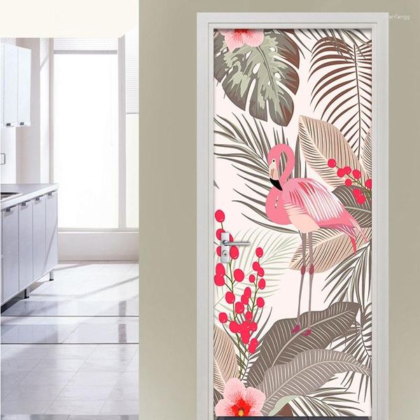 Papéis de parede DIY removíveis Folhas de flamingo Adesivo de porta Decalques de parede Decoração de casa Sala de estar Quarto Decoração Adesivos Papel de parede