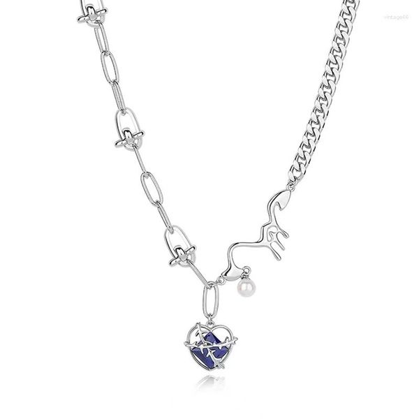 Подвесные ожерелья модные темно -синие хрустальные сердечные ожерелье для женщин повседневная жемчужная ключица Королева