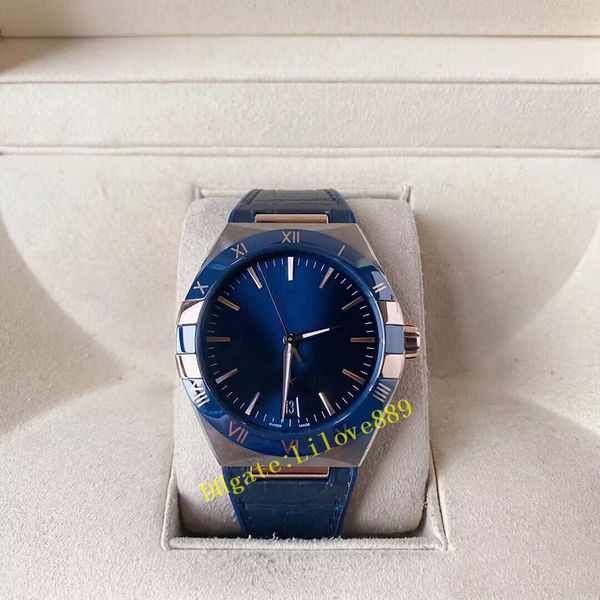 Relógio masculino 41 mm coaxial 131 23 relógios Miyota 8215 automático em dois tons ouro rosa caixa de aço de precisão pulseira de couro placa decorativa de sol azul