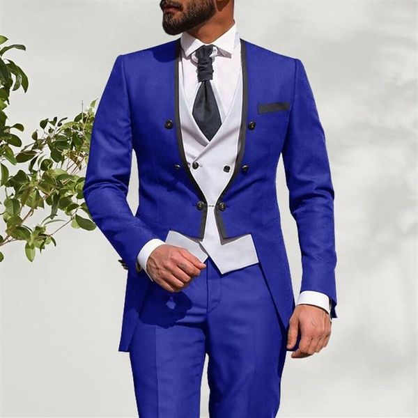 Abiti da uomo Blazer Style Men Smoking da sposo blu royal e bianco Risvolto tondo Groomsmen 3 pezzi Set Giacca Pantaloni Gilet T267F