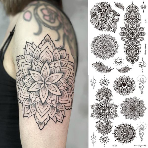 Adesivi per tatuaggi temporanei neri impermeabili Braccio petto Trasferimento dell'acqua Tatuaggi finti Mandala Piuma di leone Donna Uomo Body Art Tatoo