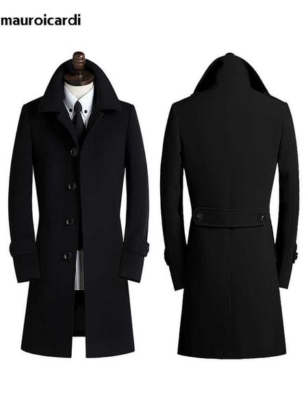 Miscele di lana da uomo Mauroicardi Autunno Inverno lungo elegante casual aderente caldo cappotto di lana blu nero da uomo soprabito di misto lana di lusso monopetto HKD230718