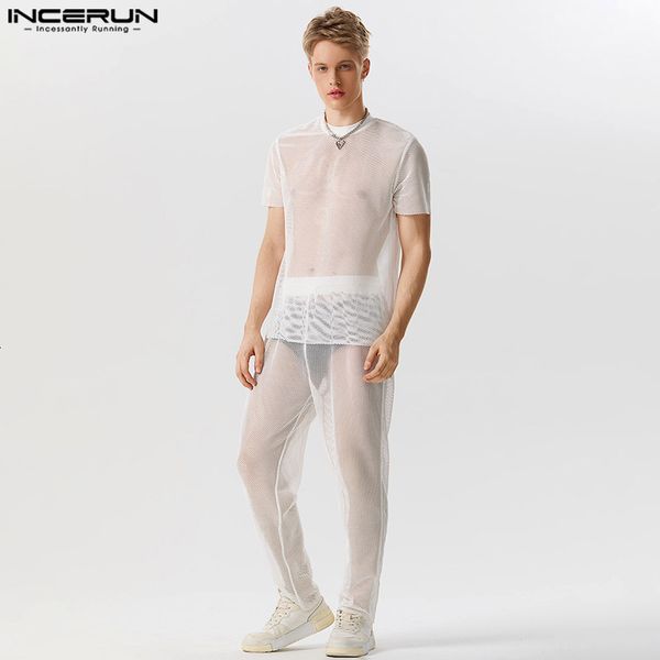 Tute da uomo Completi da uomo Mesh See Through Streetwear O collo T-shirt manica corta Pantaloni con coulisse 2 pezzi 2023 Abiti eleganti sexy INCERUN 230719