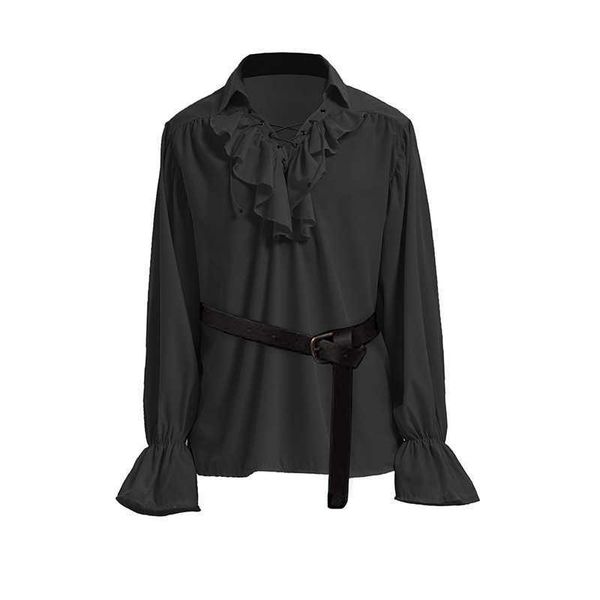 Camicia da uomo con collo a sbuffo allentato da uomo cosplay di Halloween Camicia da gioco pirata con colletto a cinturino rinascimentale medievale