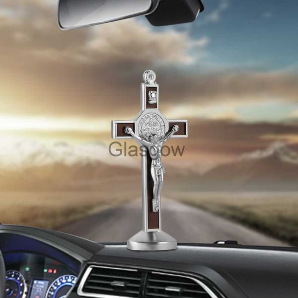 Innendekorationen Mode Auto Ornament Metall Holz Jesus Kreuz Kruzifix Auto Innen Armaturenbrett Dekoration Christliche Jesus Ornamente Zubehör x0718