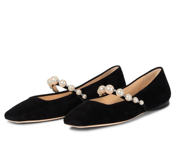 Sandálias rasas de balé Modern Ade, alças de camurça, decoração de pérolas artificiais, sola de borracha de cabeça quadrada, sapatos femininos elegantes e leves para caminhada, EU35-43