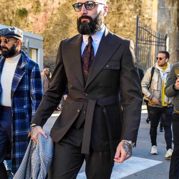 Erkekler takım elbise varış Kahverengi erkekler kemer kostümü düğün smokin tuxedo terno maskulino balo parti 2 adet ince fit blazer ceket pantolon